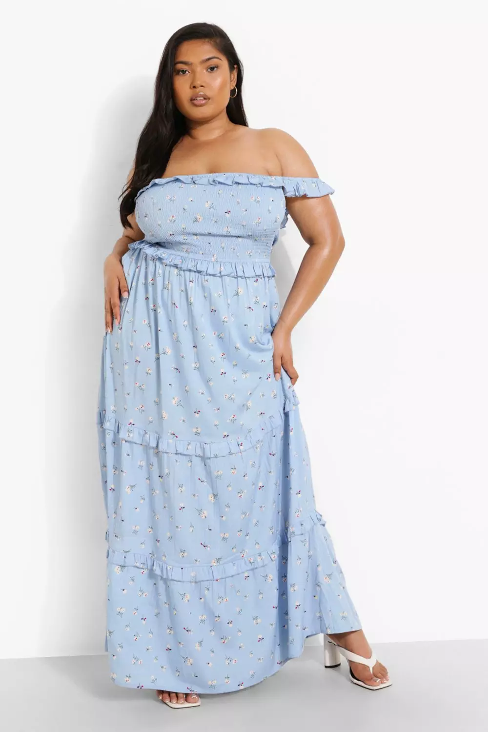 Shirred bardot 2025 maxi dress